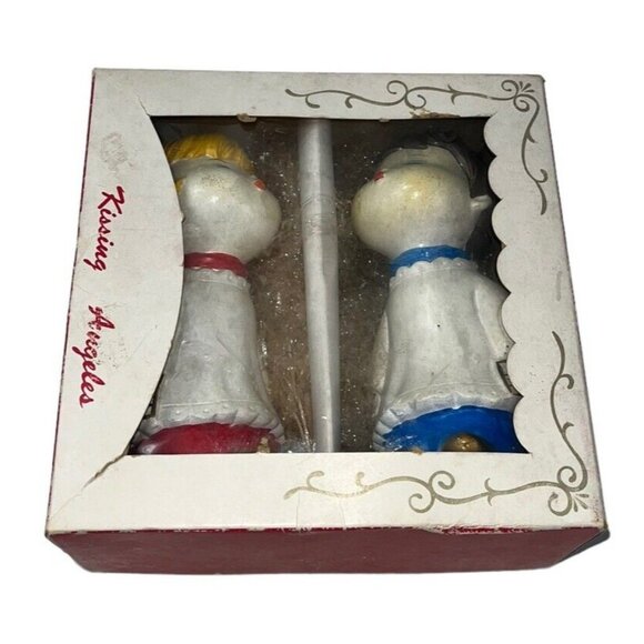 1960s Kitchy Boy Girl Kissing Angels Hand Painted Japan Christmas In Box Ceramic - Picture 8 of 9